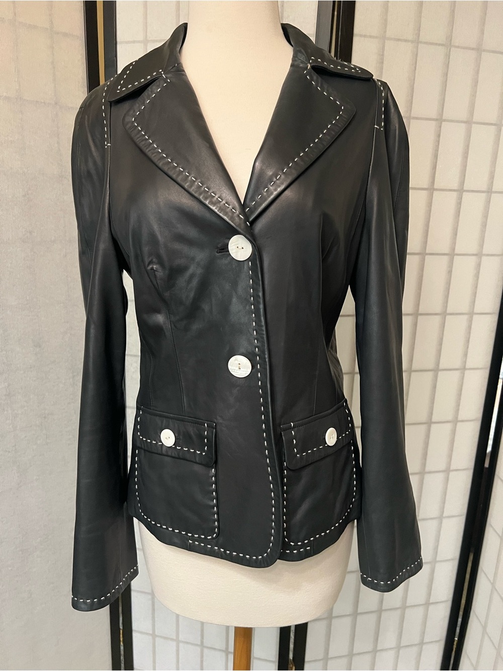 Worth Black Leather Button-Front Jacket with White Contrast Stitching